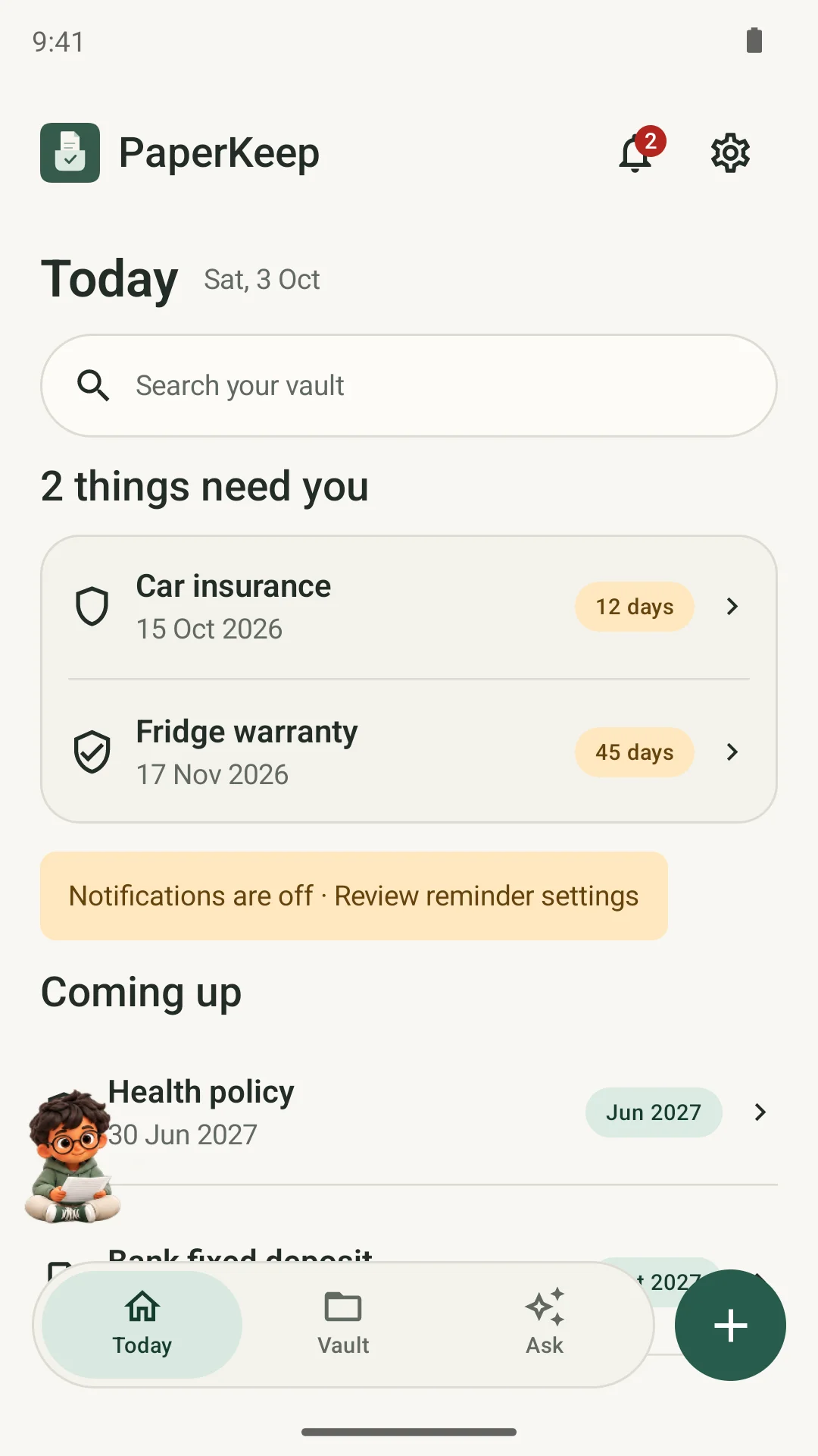 PaperKeep Today showing car insurance and fridge warranty dates needing attention